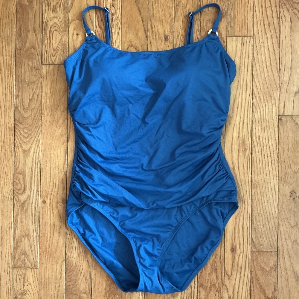 Anne Cole‎ Blue Twist Front Shirred One Piece Swimsuit 12 Retro Tummy Control